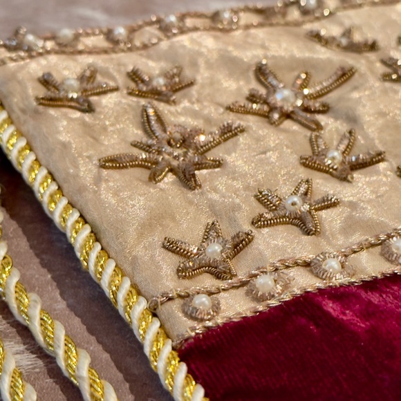 Burgundy Red Velvet & Gold Tassel Trim Christmas Stocking Curly Toe Maximalist - Picture 7 of 12